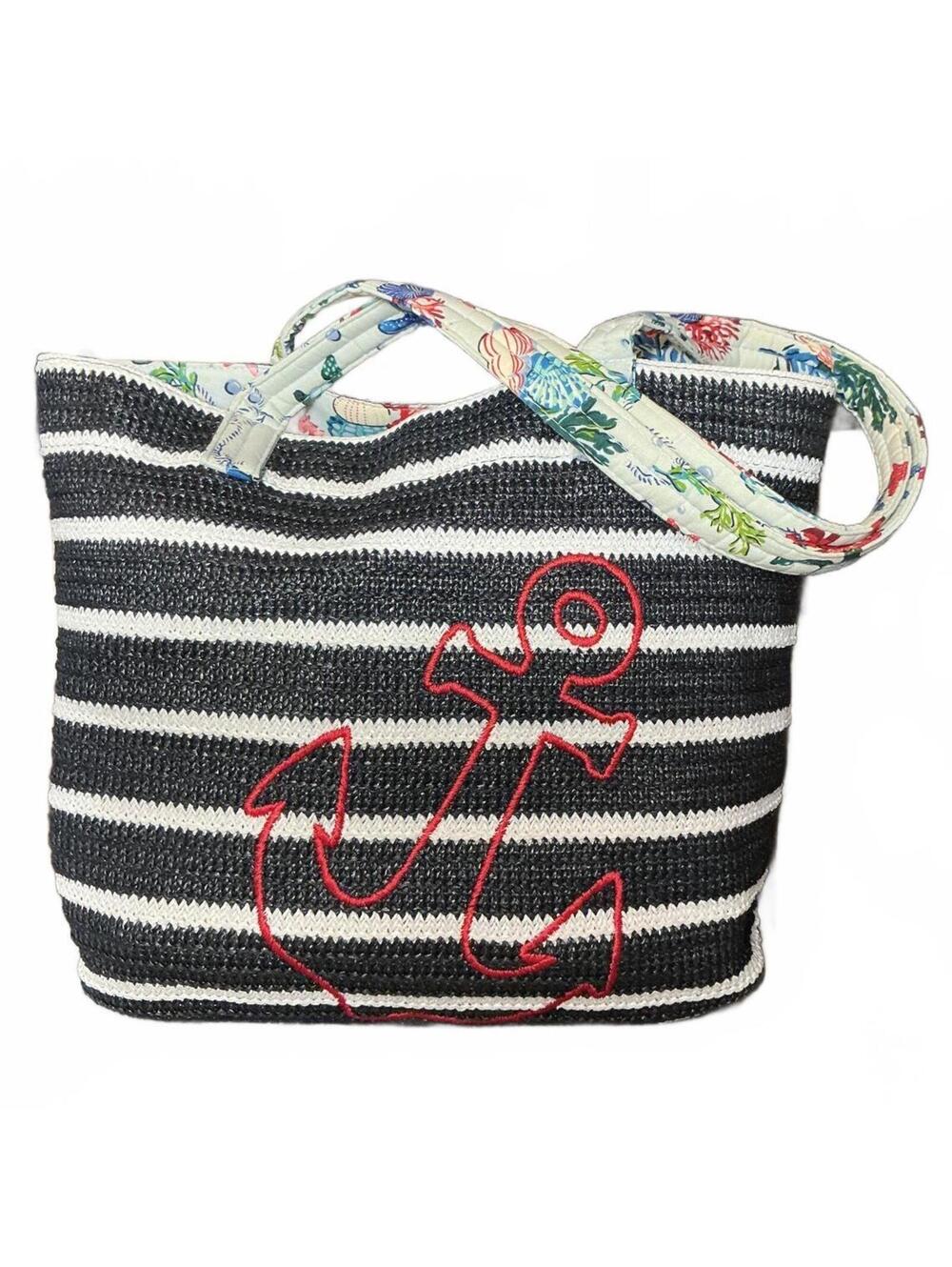 Vera Bradley Straw Beach Tote Bag "Anchors Aweigh" Pattern w/ Red Anchor Large